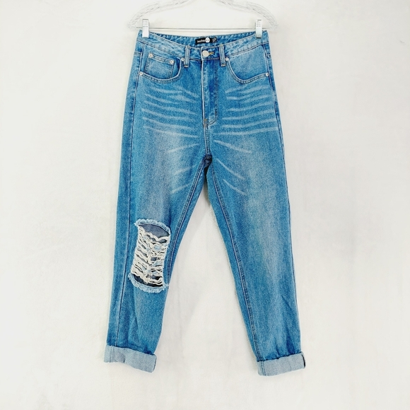 Boohoo Blue Cotton Distressed High Waist Distressed Jeans P3279 - Picture 1 of 8